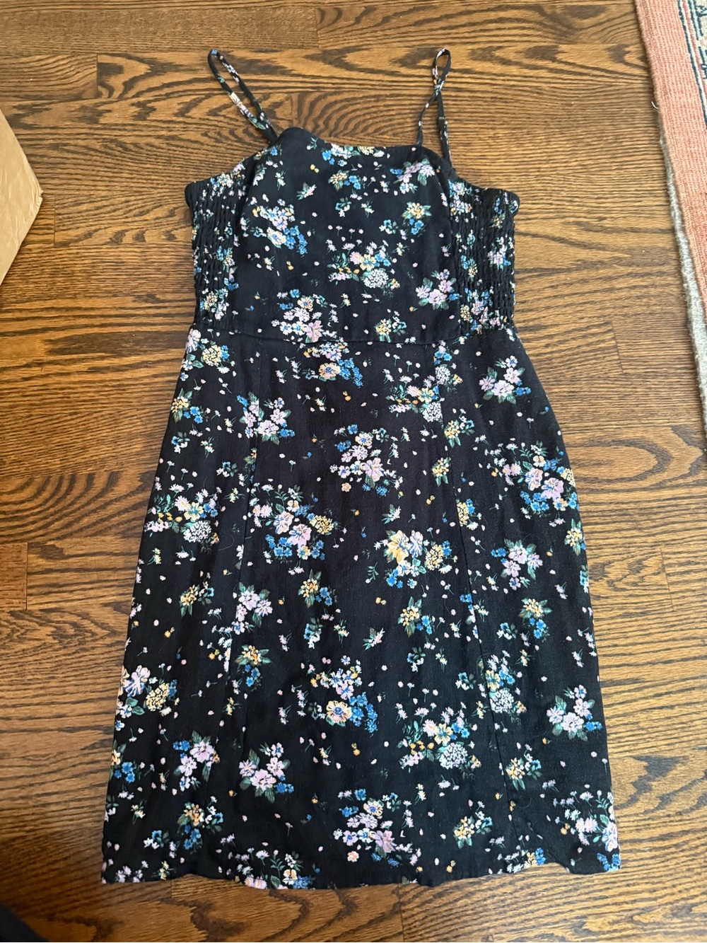 art class Black Mini Dress with Blue, Pink & Cream Florals